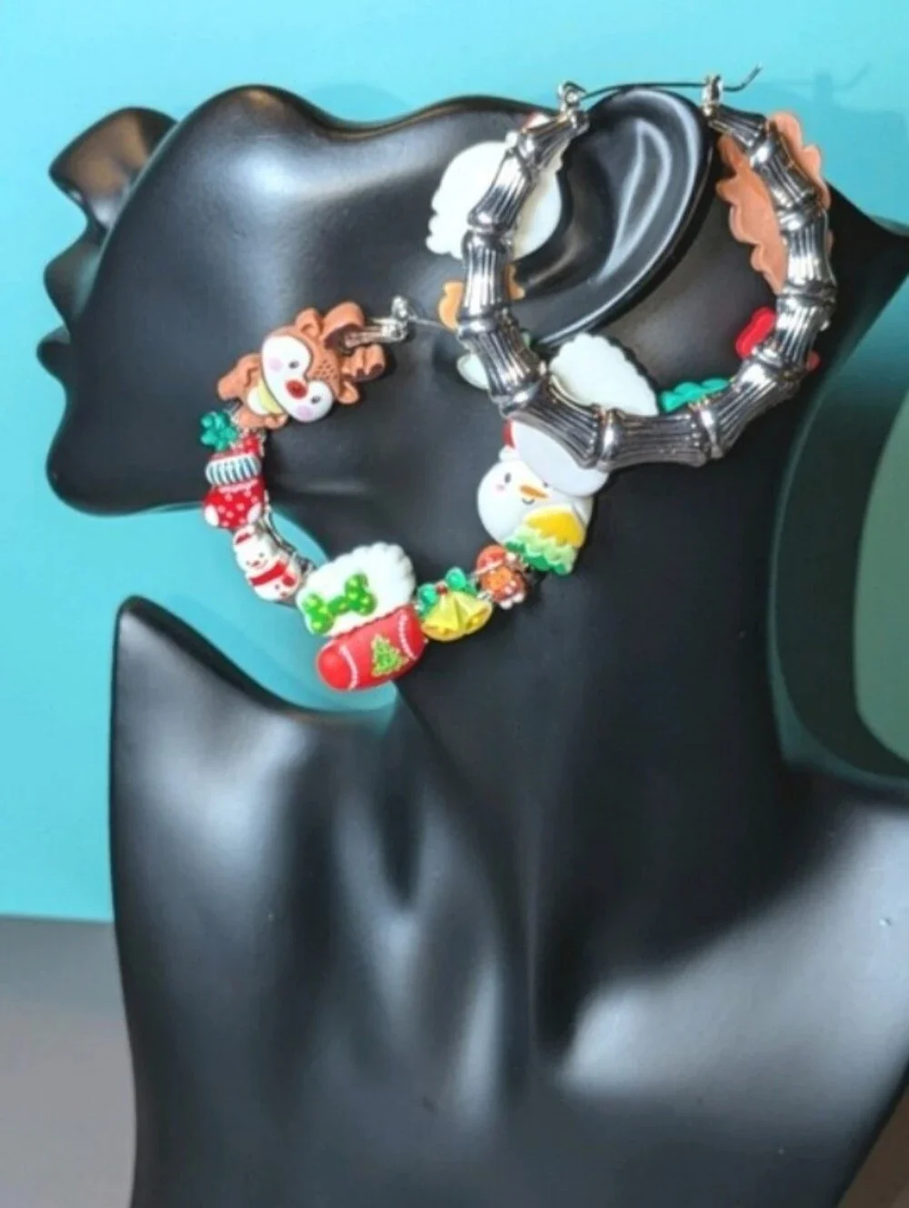 Hand Crafted Festive Holiday Charm Hoop Earrings - Red, Green, White, Yellow
